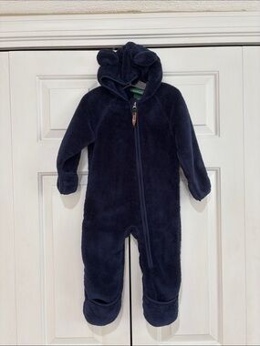 LL Bean Plush Navy Fleece One-Piece with Hood Size 12-18M EUC
